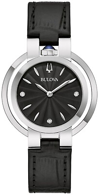 #ad Bulova Women#x27;s Quartz Crystal Accent Black Leather Watch 35MM 96P238