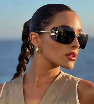 #ad Miu Miu Sunglasses MU 54YS Gold Dark Grey 5AK5 S0 Women Wrap Logo AUTHENTIC