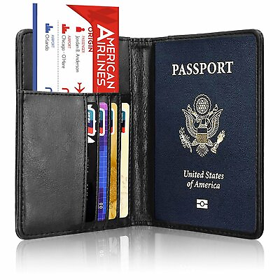 #ad Leather Passport Vaccine Card Passport Holder Travel Wallet Blocking Case Cover