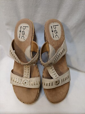 #ad boc Born Concept Leather and Cork Wedge Heel Sandals Ivory Beige Womens Size 10