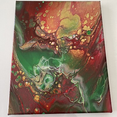 #ad Acrylic Pour Painting Gold Red Green Abstract on canvas original