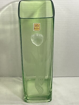 #ad Vintage Royal Danube Lime Green Endless Crystal Vase Frosted Etched Stem 3D...