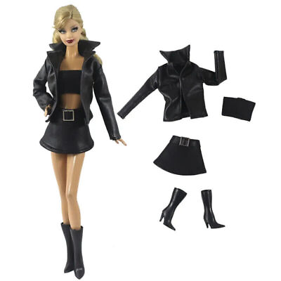 #ad Fashion Black Leather 1 6 Doll Clothes Set Outfits Jacket Skirt Top Boots 11.5quot;
