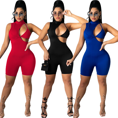 #ad New Women Sexy Sleeveless Zipper Hollow Out Patchwork Skinny Solid Club Jumpsuit