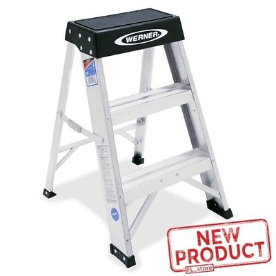 #ad 2 Step Aluminum Step Stool Ladder WERNER 2 Ft 300 Lb Load Capacity Silver Black