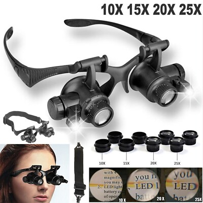 #ad Double Eye Jewelry Watch Repair Magnifier Loupe Glasses With LED Light 8 Lens US