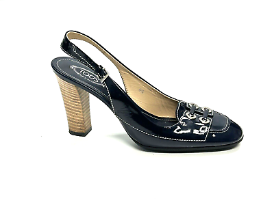 #ad Tods Heels Pumps Shoes Womens Size 6.5 Navy Blue Patent Leather Blue Sling Back $64.72