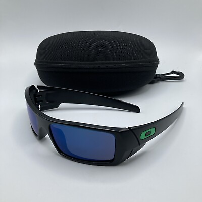 #ad Oakley Gascan Black Frame Blue Lenses Green Logo Sunglasses 60 15 127 Hard Case