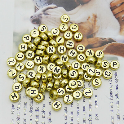 #ad 200 Gold A Z Letter Random Round Beads 26 Alphabet Acrylic Bracelet DIY 7x7x4mm