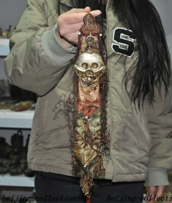 #ad Tibet Tibetan Pure bronze Skeleton Devil Skull death head Statue Amulet pendant