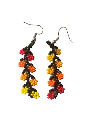 #ad Fashion Seed Bead Earrings flowers long black yellow red orange