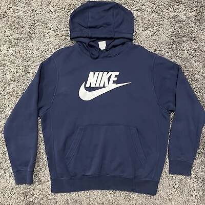 #ad Nike Hoodie Mens Large Navy Blue Center Swoosh Spell Out Sweatshirt Sweater A13