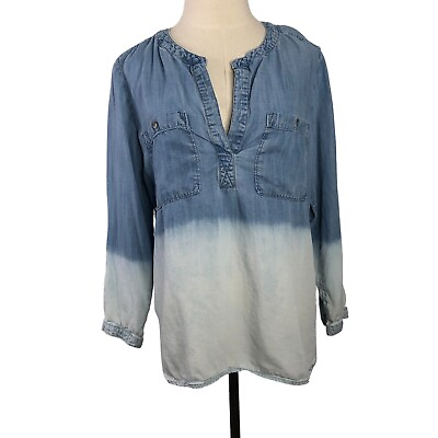 #ad Cloth Stone Anthropologie Blouse Womens Medium Blue Chambray Denim Ombre Popover