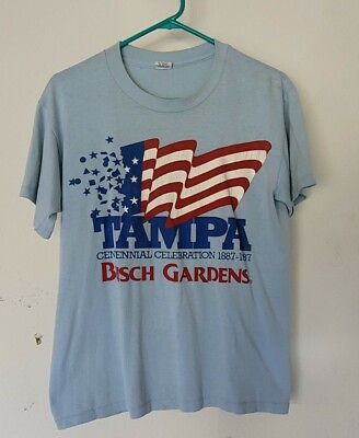 #ad Vintage 1987 Single Stitch Busch Gardens Tampa Centennial Blue T shirt Sz Large