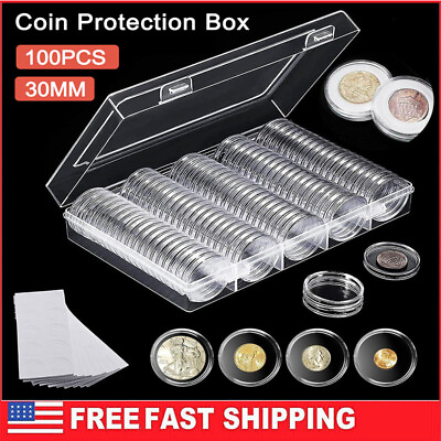 #ad 100Pcs 5 Size Clear Round Coin Capsule Container Storage Box Holder Case Plastic $9.99