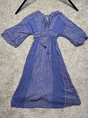 #ad $168 Free People Modern Kimono Denim Combo Blue Lace Up Maxi Dress Size 0