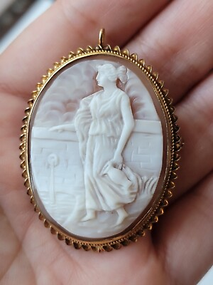 #ad ANTIQUE NATURAL SHELL CAMEO SCENIC BROOCH PENDANT