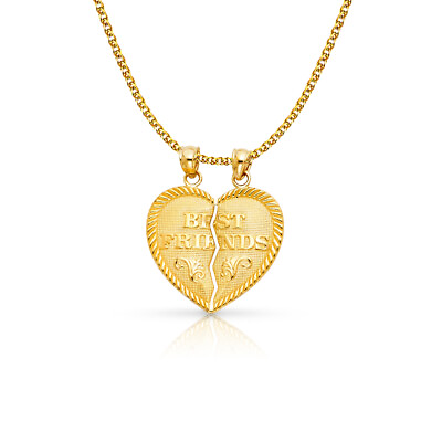 #ad 14K Yellow Gold FRIENDS Couple Heart Pendant 1.5m Flat Open Wheat Chain Necklace