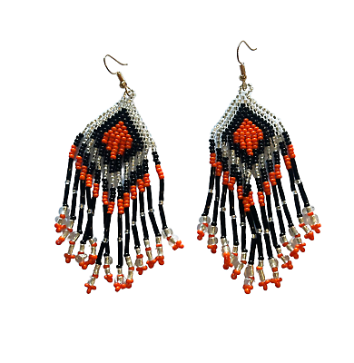 #ad Fashion Seed Bead Earrings long dangling strands orange black silver