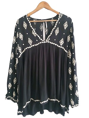 #ad Free People Tunic Women#x27;s Small Black Embroidered Bell Sleeve Boho Oversized