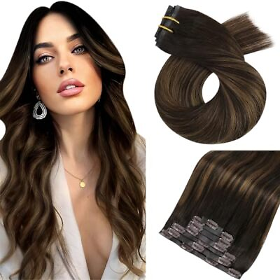 #ad Balayage Clip in Hair Extensions Human Hair Seamless 18 Inch Seamless #2 6 2