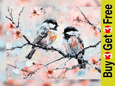 #ad Palette Knife Cherry Blossom Birds Traditional Art Print 5quot;x7quot; on Matte Paper