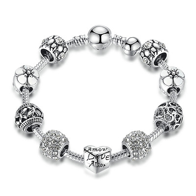 #ad DIY European 925 Silver Clear CZ Love Heart Charm Bracelet w All Charms