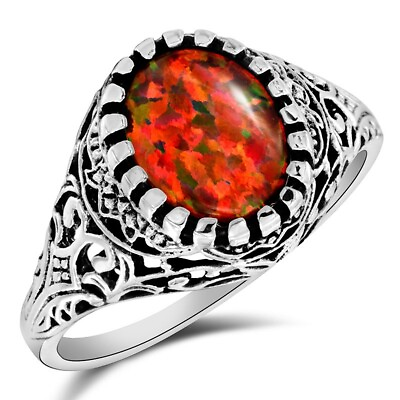 #ad 2CT Natural Red Fire Opal 925 Solid Sterling Silver Filigree Ring Sz 6 FS1