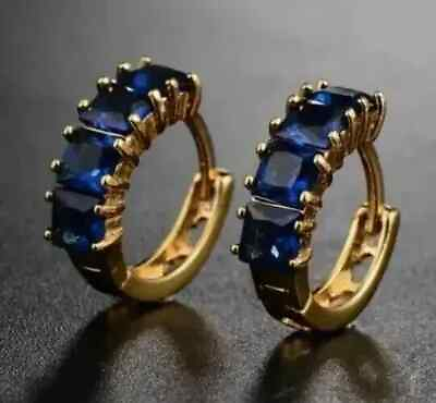 #ad Women#x27;s Hoop Earring 2Ct Princess 14K Yellow Gold Plated Lab Created Sapphire