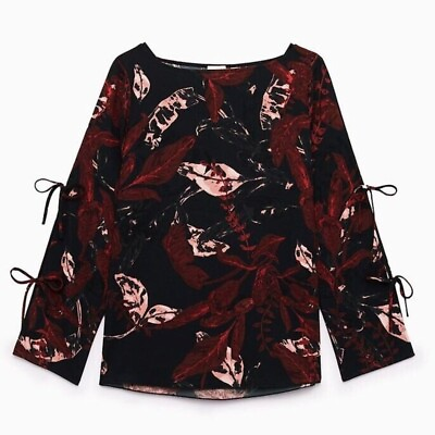 #ad Aritzia Wilfred Black amp; Brown Pozzi Floral Tie Long Sleeve Top S