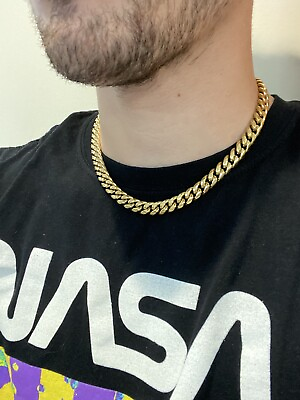 #ad Miami Cuban Link Chain 14k Gold Plated Stainless Mens Hip Hop Choker Necklace