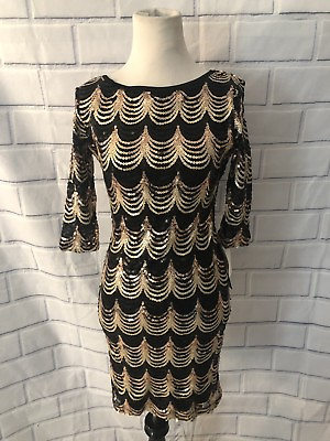 #ad NWT Crystal Doll Sequin Dress Sz M Black Gold Scallop 3 4 Sleeve Cocktail Party