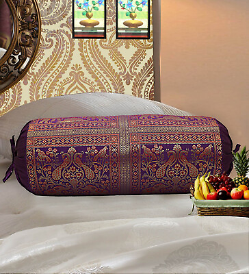 #ad Indian Silk Bolster Purple Cushion Yoga Neck Sofa Bed Sofa Pillow Cover Cylinder