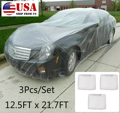 #ad 3X Clear Plastic Disposable Car Cover Temporary Universal Rain Dust Garage Cover