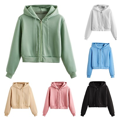 #ad Womens Zipper Sweatshirt Casual Short Outwear Solid Color Long Sleeves Hoodie