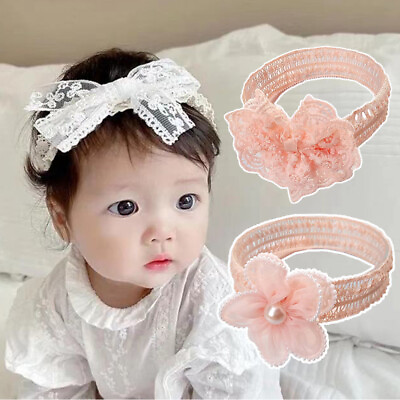 #ad Baby Newborn Headwear Lace Bow Elastic Infant Turban Pearl flower Sweet DIY ×