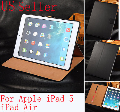 #ad Luxury Real Leather Card Flip Smart Case Cover For Apple iPad 5 iPad Air