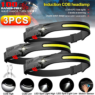 #ad 1 3x COB LED Headlamp USB Headlight Torch Work Night Light Bar Head Band Outdoor