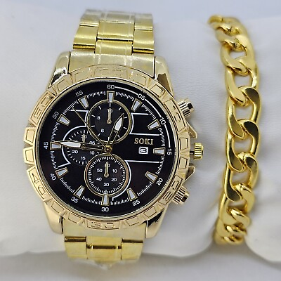 #ad 2PC Men#x27;s Watch Bracelet Set 43MM Black Dial Date Gold Bracelet Band 8quot; Wrist