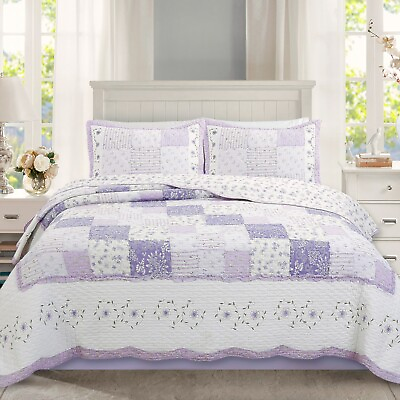 #ad Love of Lilac Real Patchwork 100%Cotton Quilt Set Bedspread Coverlet