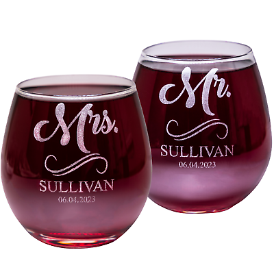 #ad Custom Stemless Wine Glasses Set of 2 – 6.4 oz Engraved Wedding Glasses Set
