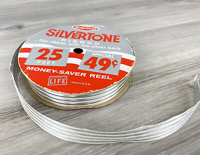 #ad Vintage Silvertone Haycrest Striped Ribbon 25 Feet Metallic Fiber With Silver