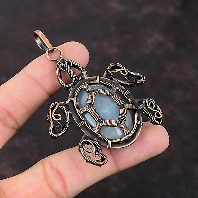 #ad Aquamarine Wire Wrapped Tortoise Pendant Handcrafted Copper Gift Jewelry 2.95quot;