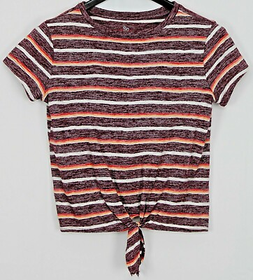 #ad SO Size Small Women#x27;s Short Sleeve Tie Front Heather Burgundy w Multi Stripes