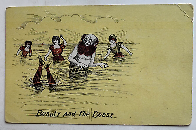#ad Vintage ca 1900s Comic Postcard quot;Beauty and the Beastquot; Man with Women swimming
