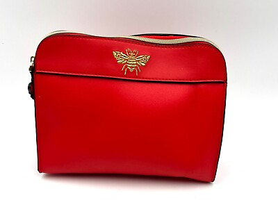#ad New Estee Lauder Faux Leather Makeup Bag with Zipper Red