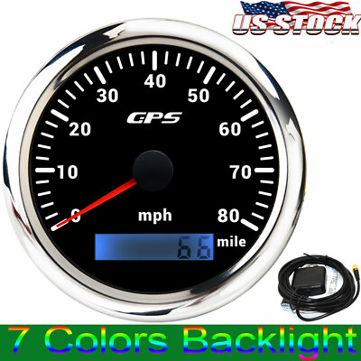 #ad 85mm Boat GPS Speedometer 0 80 MPH Odometer Gauge 7 Color LED For Car Motorcycle