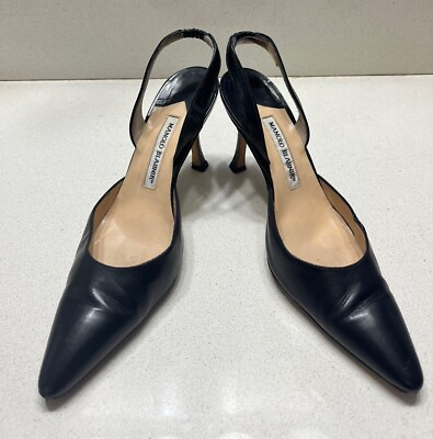 #ad MANOLO BLAHNIK Carolyne Black Patent Leather Slingback Pointed Toe Pump Heels