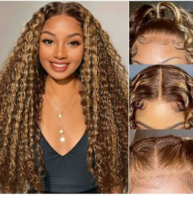 #ad 18 Inch Highlight Brown Curly Lace Front Wig Human Hair Pre Cut Lace Glueless...