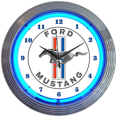 #ad FORD MUSTANG BLUE NEON CLOCK Sign Lamp Light